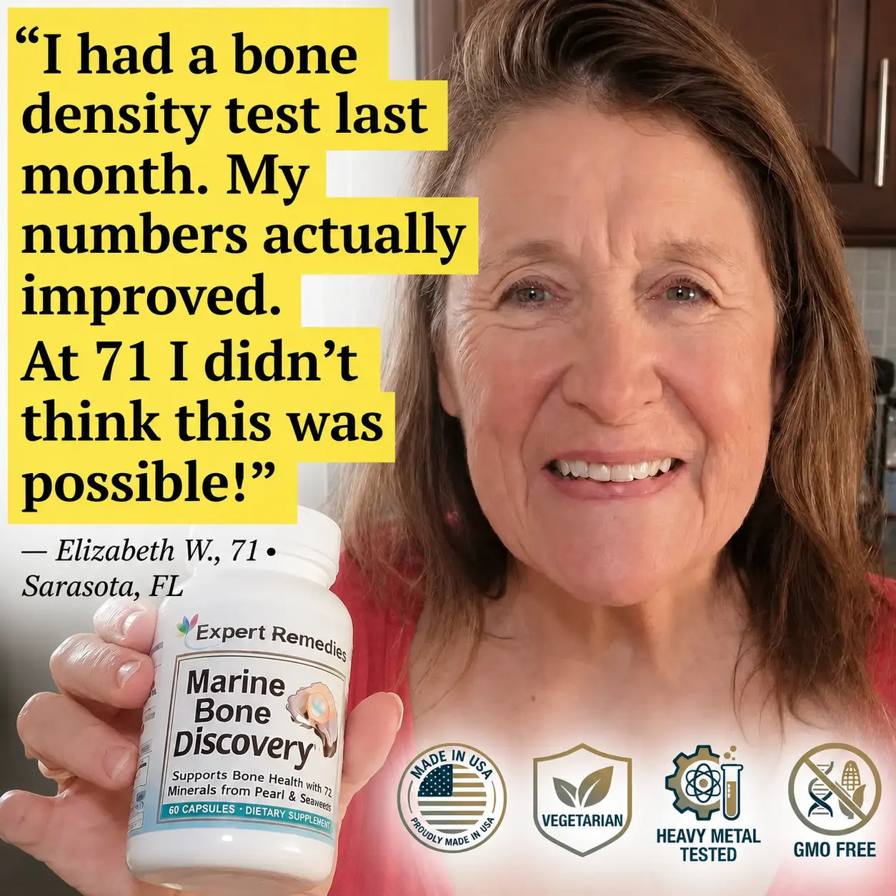 Elizabeth W., 71, holding Marine Bone Discovery with bone density testimonial